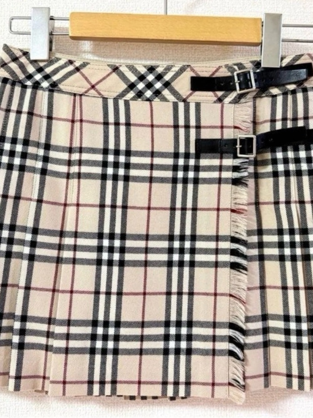 Burberry Beige Plaid Mini Skirt with Black Straps
